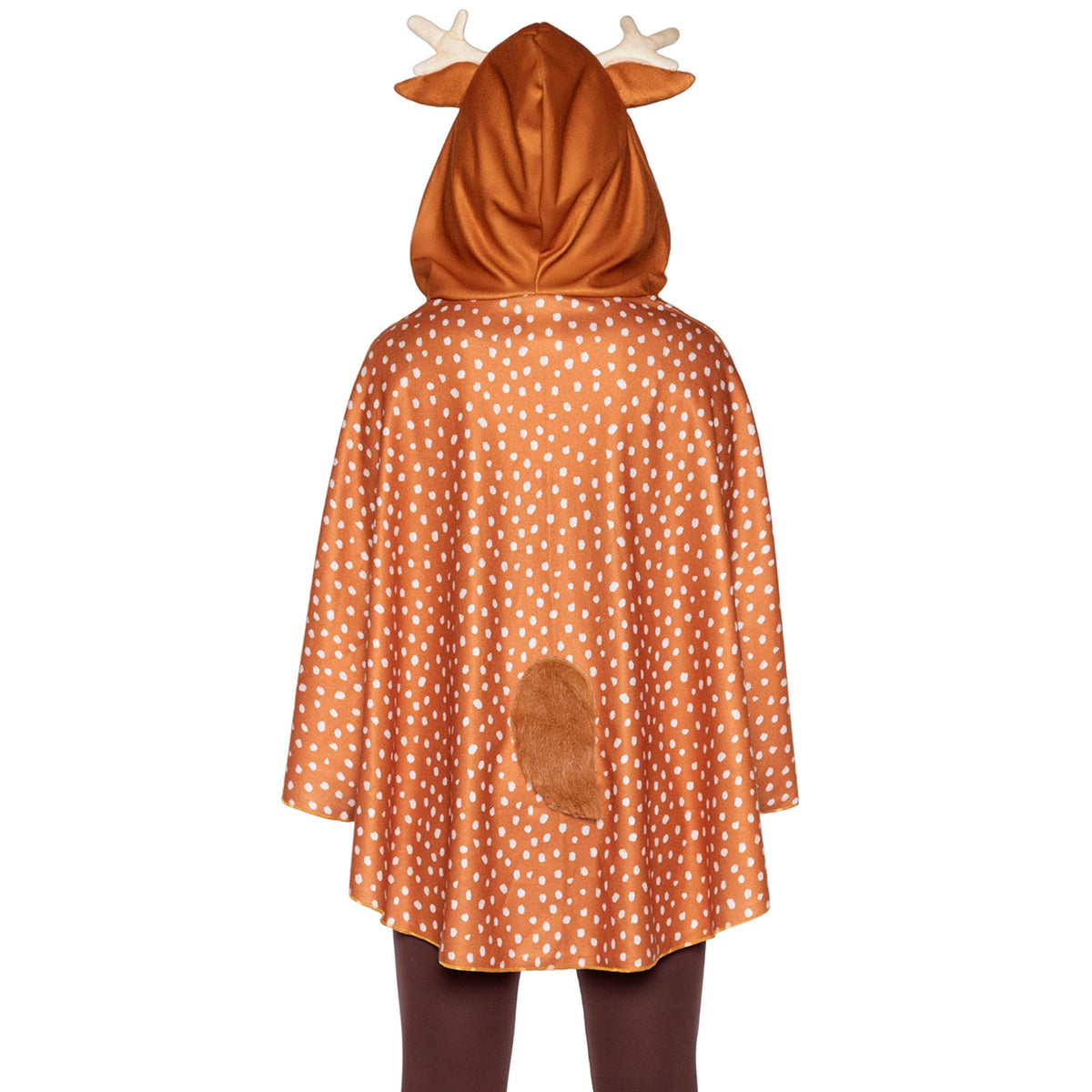 Close-up back view of brown fawn poncho costume with antler hood and fur tail - Golddiggers Boutique