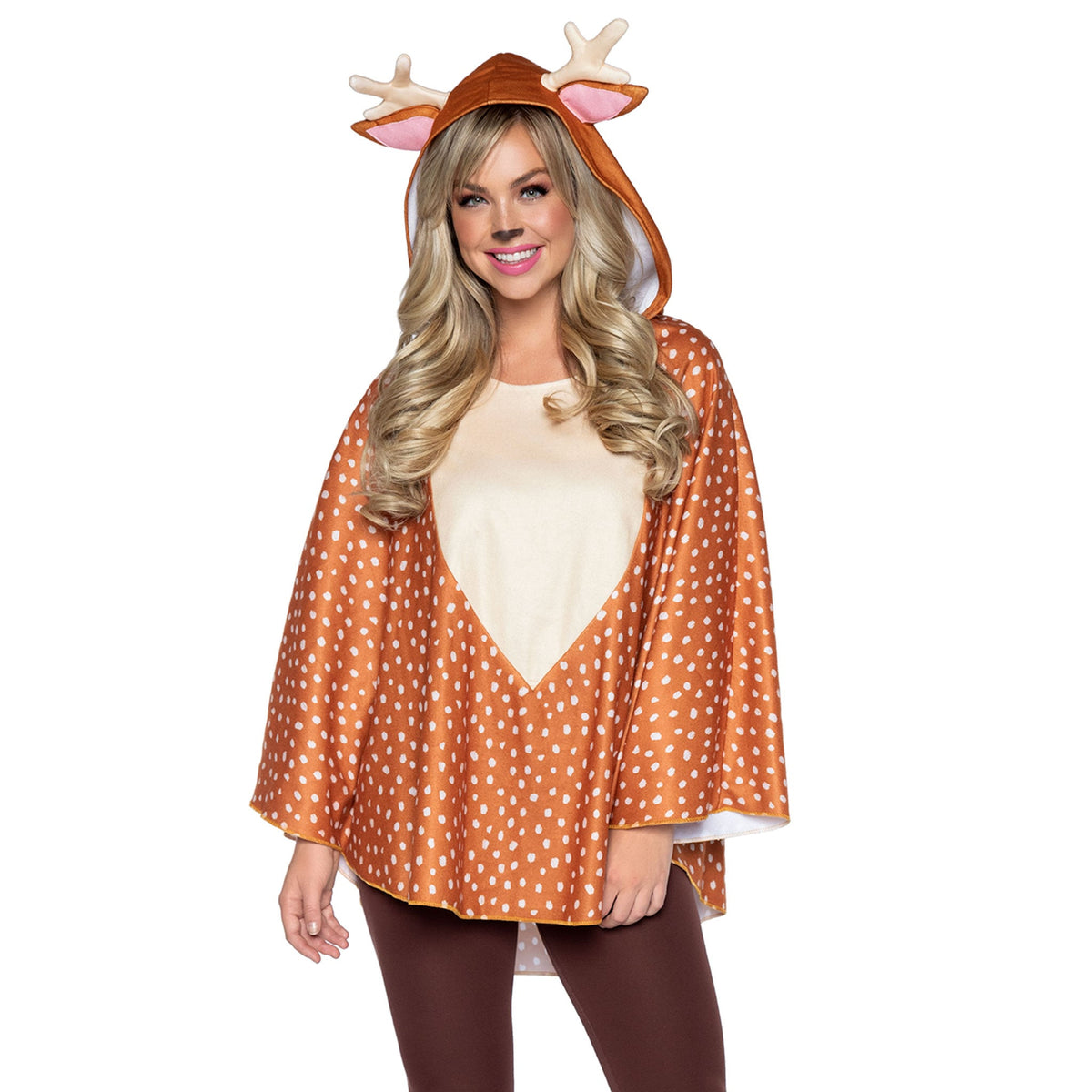 Close-up front view of brown fawn poncho costume with antler hood and fur tail - Golddiggers Boutique