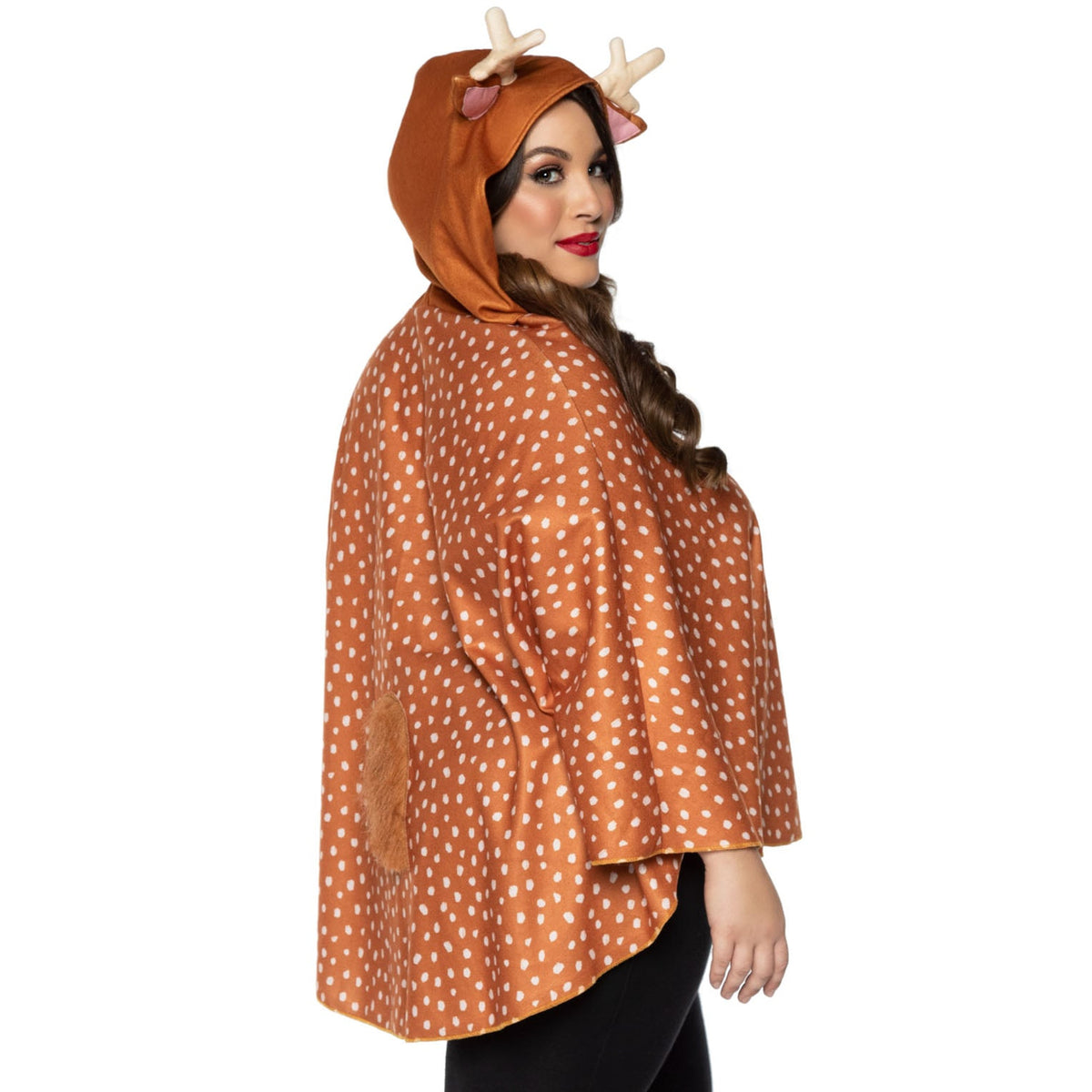 Close-up side view of brown fawn poncho costume with antler hood and fur tail - Golddiggers Boutique