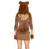 Close back view of brown honey bear costume velvet dress with ear hood and paw gloves - Golddiggers Boutique