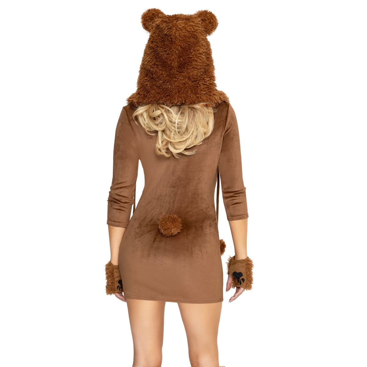Close back view of brown honey bear costume velvet dress with ear hood and paw gloves - Golddiggers Boutique