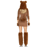 Back view of brown honey bear costume velvet dress with ear hood and paw gloves - Golddiggers Boutique