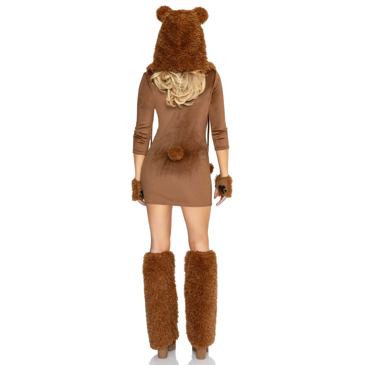 Back view of brown honey bear costume velvet dress with ear hood and paw gloves - Golddiggers Boutique