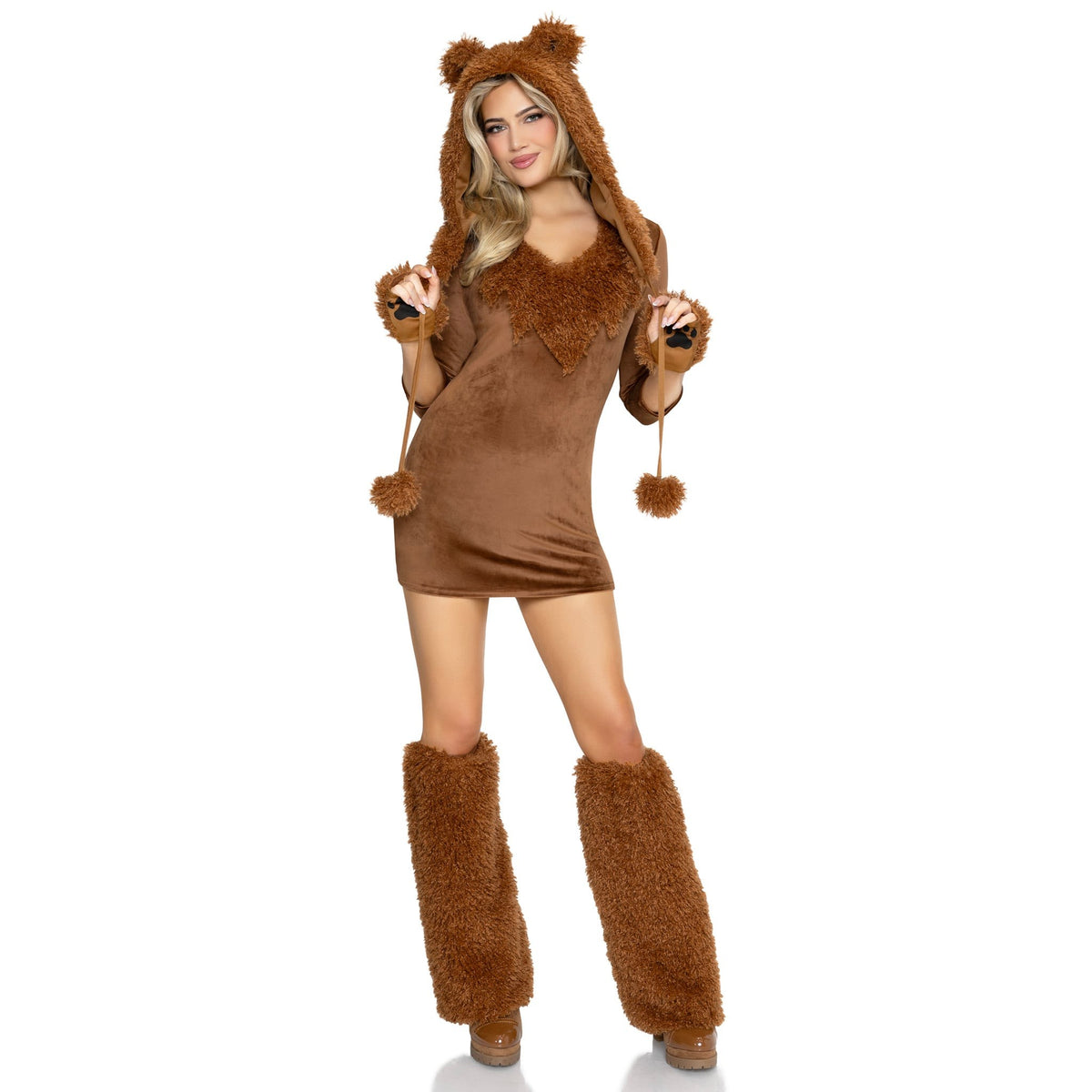 Front pose of brown honey bear costume velvet dress with ear hood and paw gloves - Golddiggers Boutique