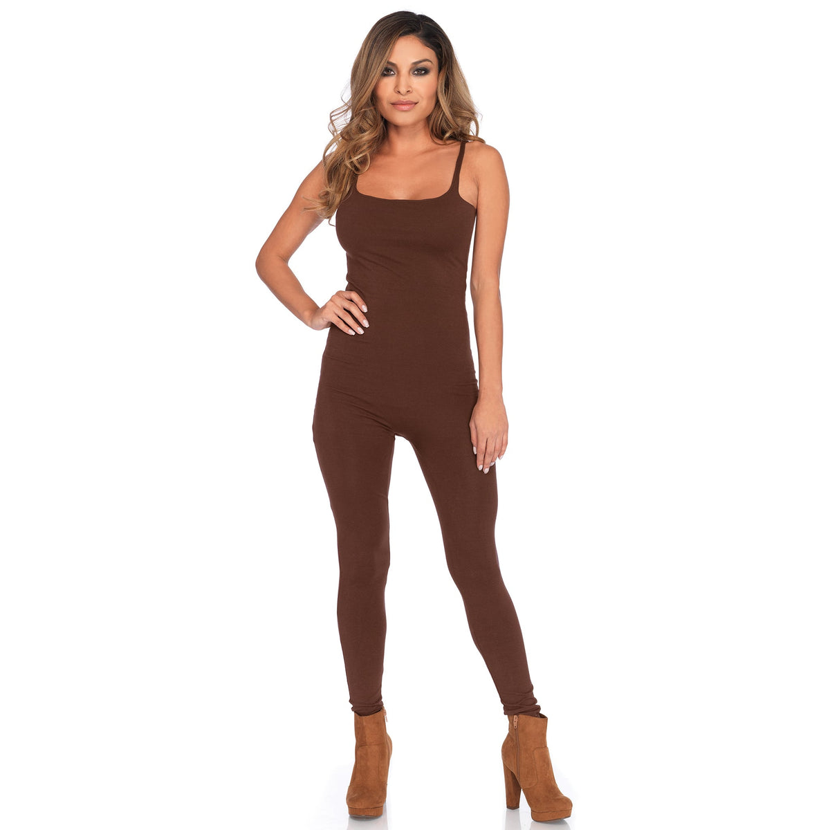 Front view of brown spaghetti strap unitard - Golddiggers Boutique