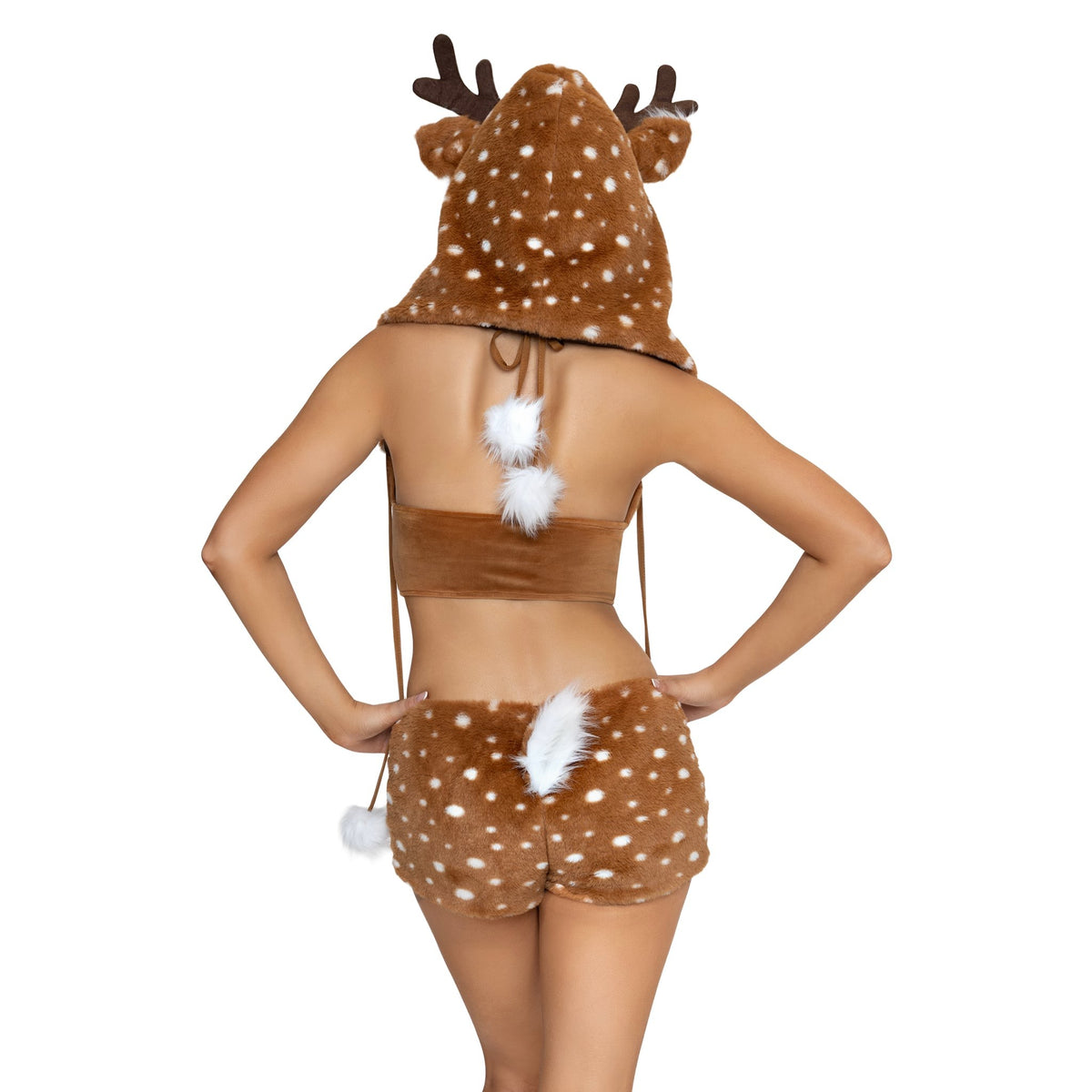 Close back view of brown spotted fawn costume with antler hood and leg warmers - Golddiggers Boutique