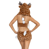 Close back view of brown spotted fawn costume with antler hood and leg warmers - Golddiggers Boutique