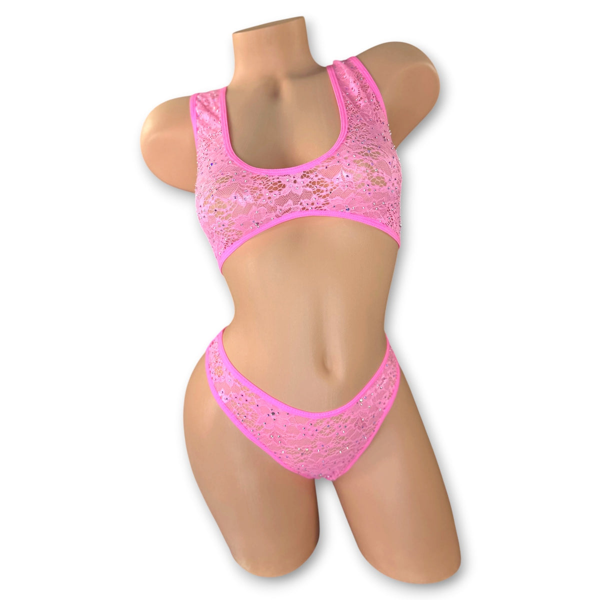 Bubble gum pink Caroline rhinestone lace sporty bra and thong set, front view on white - Golddiggers Boutique