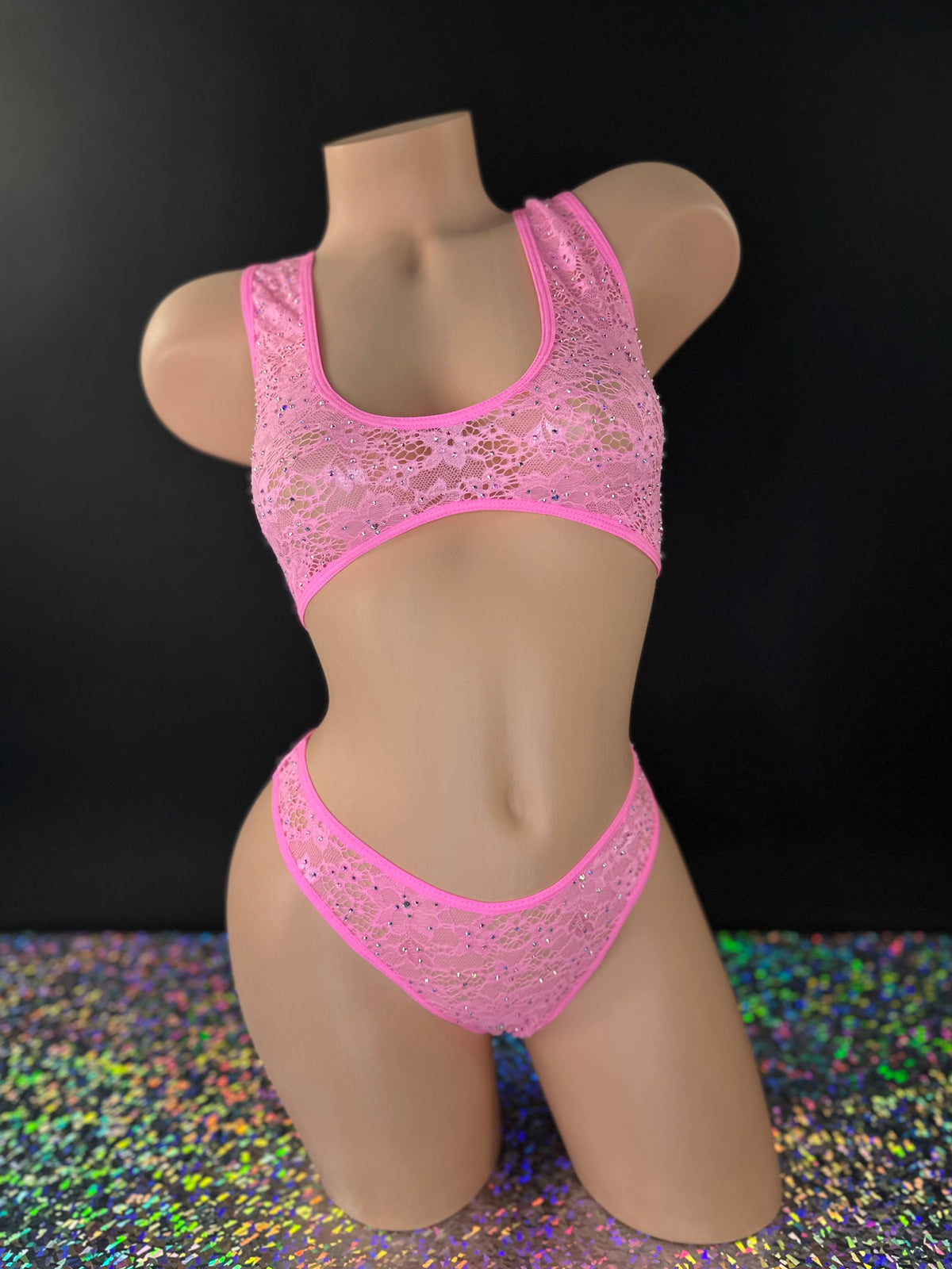 Bubble gum pink Caroline rhinestone lace sporty bra and thong set, front view - Golddiggers Boutique