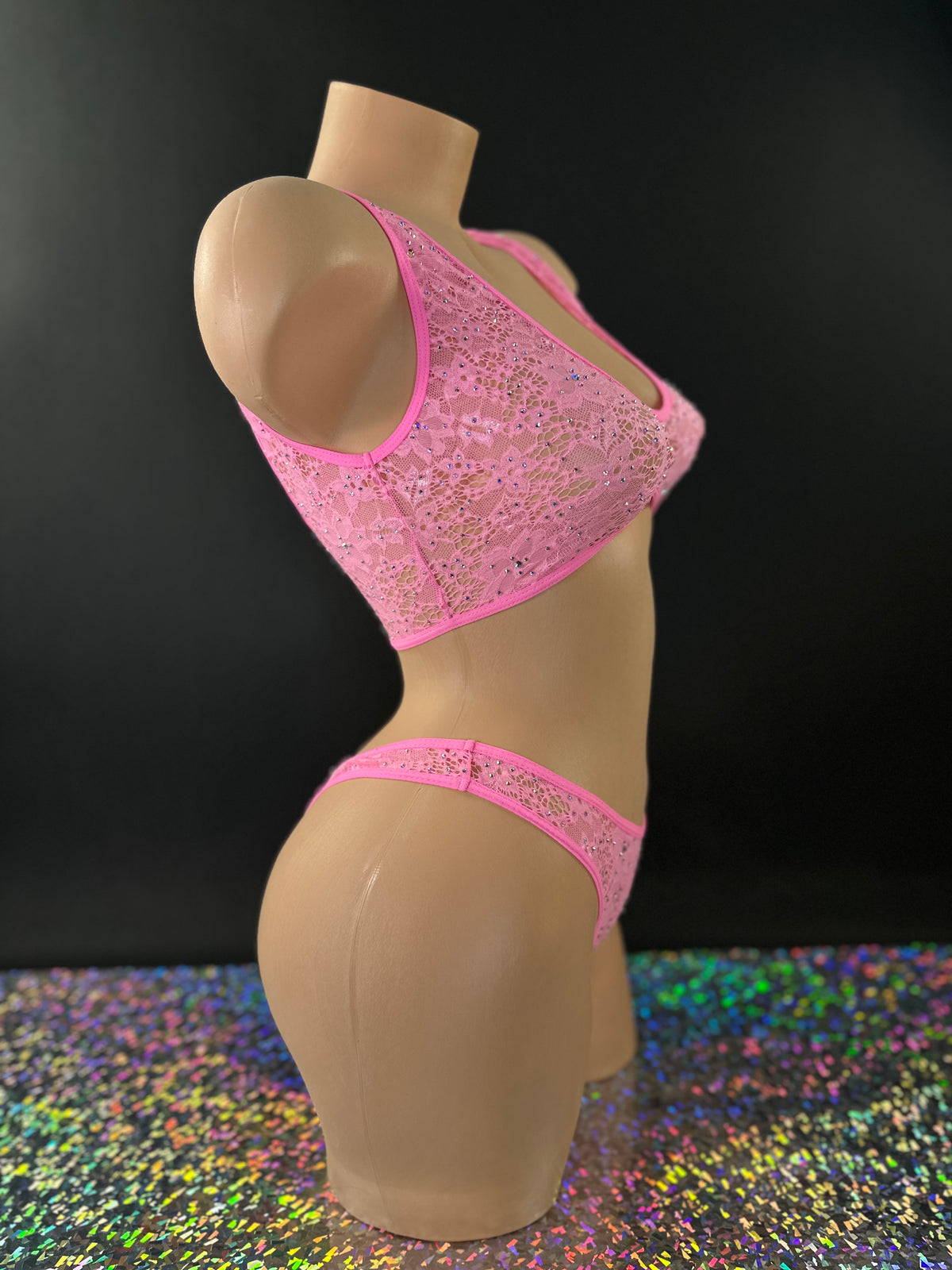 Bubble gum pink Caroline lace set, side view of sporty bra top and thong - Golddiggers Boutique