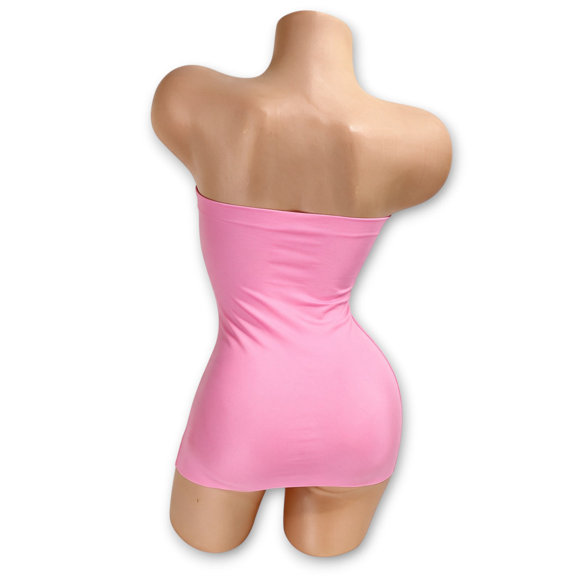 Bubble Gum Pink Delilah strapless tube mini dress on a mannequin, back view
