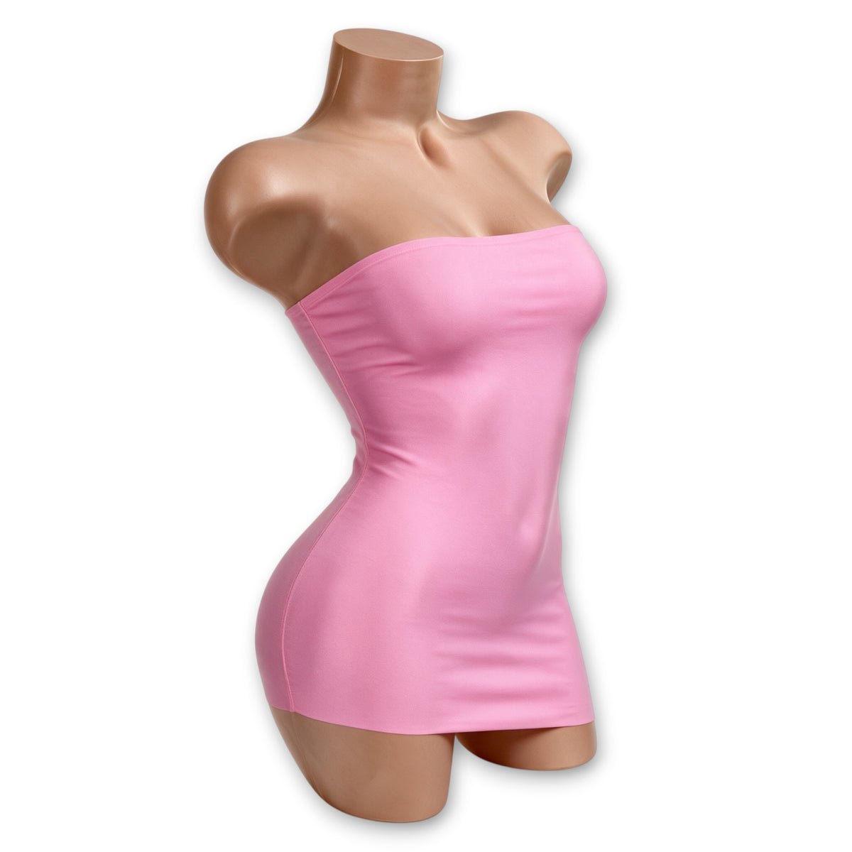 Bubble Gum Pink Delilah strapless tube mini dress on a mannequin, three-quarter side view by Golddiggers Boutique