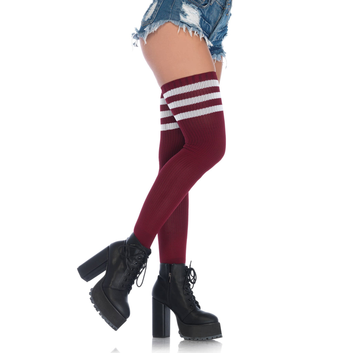 Side view of burgundy athletic stripe ribbed thigh high socks - Golddiggers Boutique