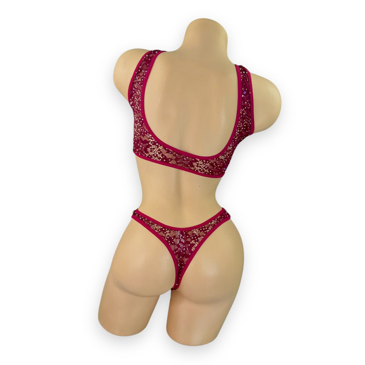 Caroline burgundy lace set, back view on mannequin showing scoop back bra and thong - Golddiggers Boutique