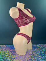 Caroline burgundy lace set, side view on dark background with holographic floor - Golddiggers Boutique