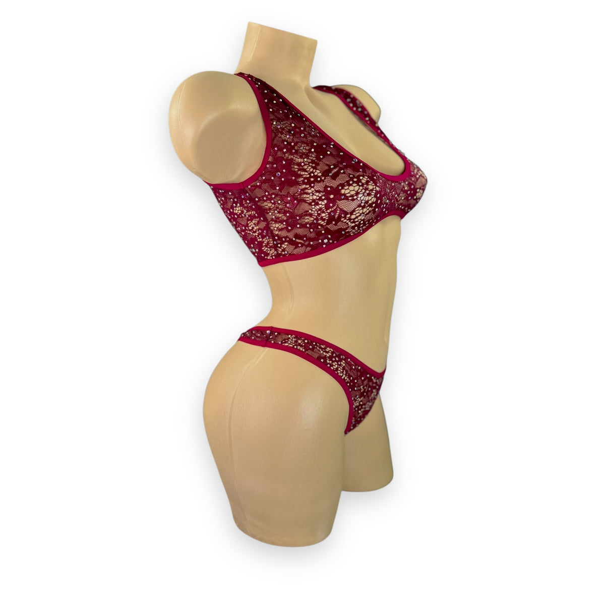 Caroline burgundy lace set, side view on mannequin - Golddiggers Boutique