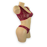 Caroline burgundy lace set, side view on mannequin - Golddiggers Boutique