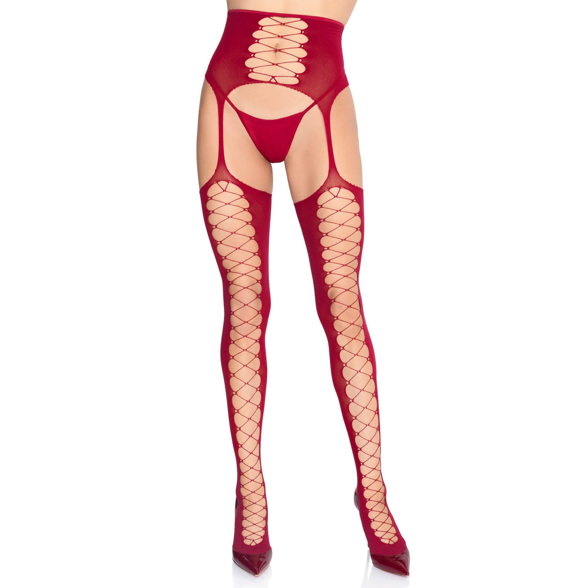 Front view of burgundy faux lace-up stockings with attached waist cincher garter belt - Golddiggers Boutique