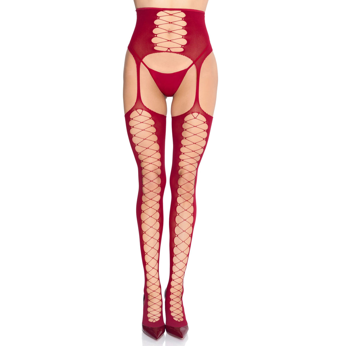 Front view of burgundy faux lace-up stockings with attached waist cincher garter belt - Golddiggers Boutique