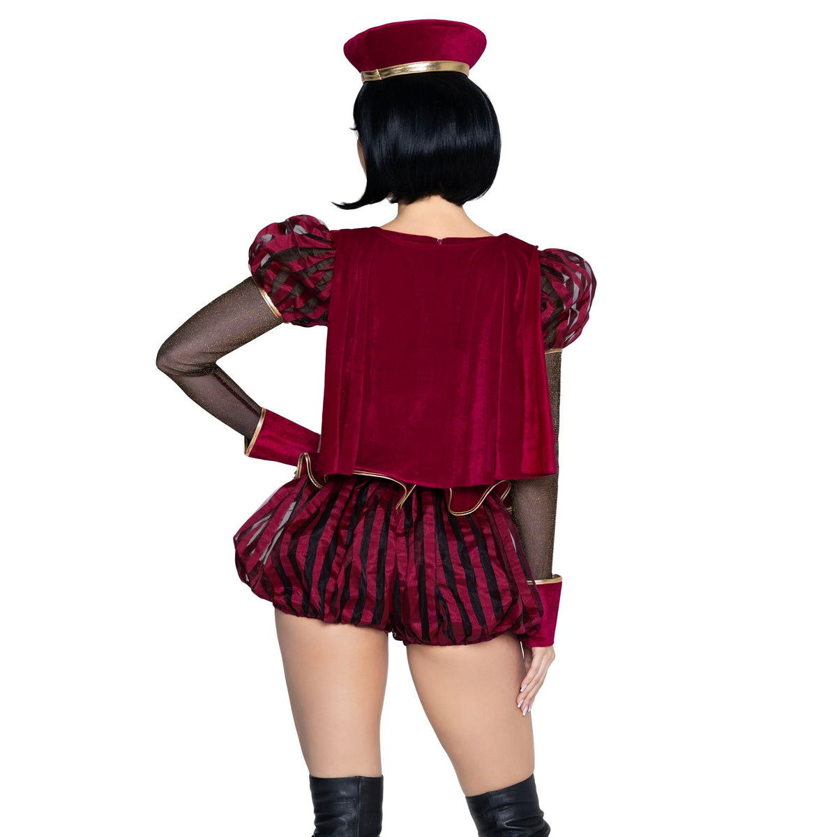 Close back view of burgundy fairytale lord costume romper with cape and hat - Golddiggers Boutique