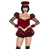 Close front view of burgundy fairytale lord costume romper with cape and hat - Golddiggers Boutique