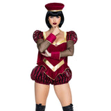 Close front pose of burgundy fairytale lord costume romper with cape and hat - Golddiggers Boutique