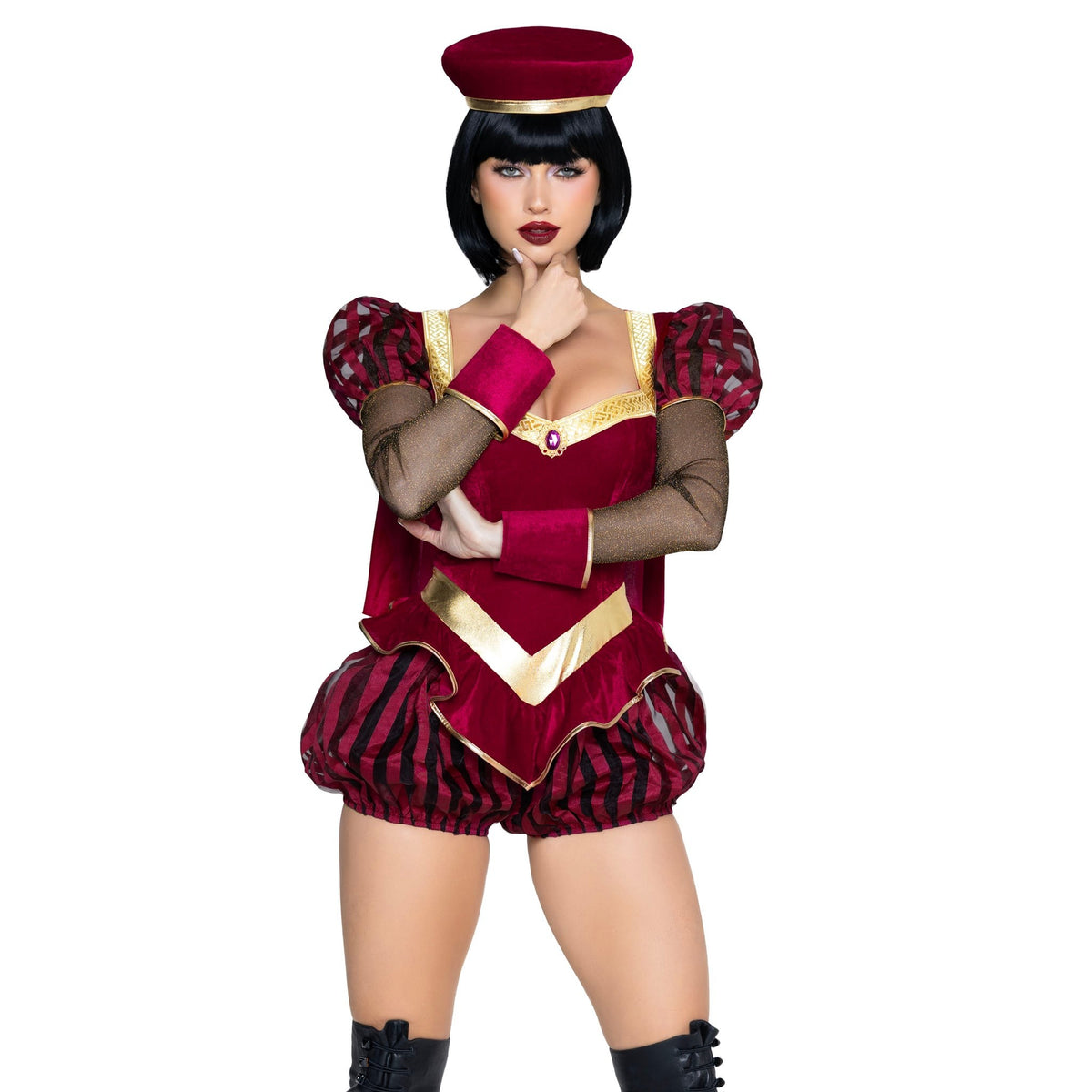 Close front pose of burgundy fairytale lord costume romper with cape and hat - Golddiggers Boutique