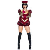 Front pose of burgundy fairytale lord costume romper with cape and hat - Golddiggers Boutique
