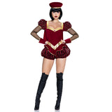 Front view of burgundy fairytale lord costume romper with cape and hat - Golddiggers Boutique