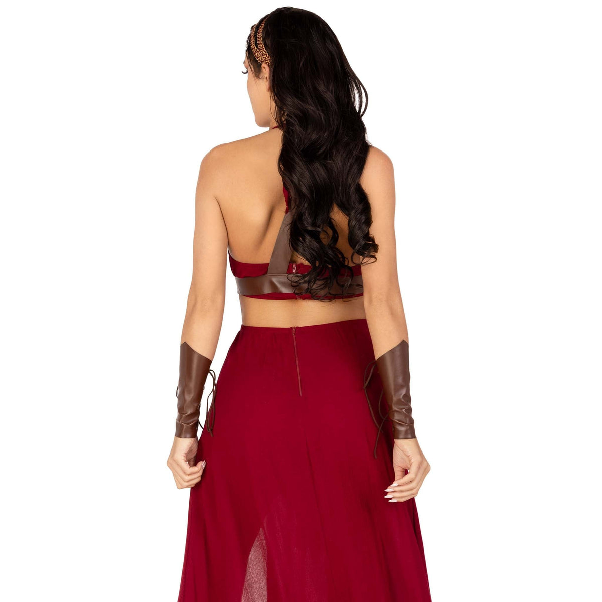 Close back view of burgundy warrior goddess costume with O-ring cut-out dress - Golddiggers Boutique