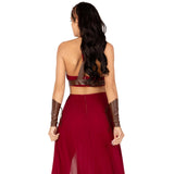 Close back view of burgundy warrior goddess costume with O-ring cut-out dress - Golddiggers Boutique