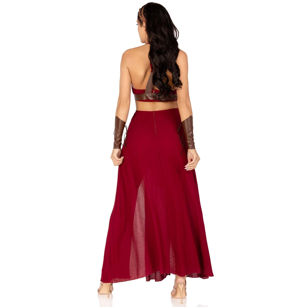 Back view of burgundy warrior goddess costume with O-ring cut-out dress - Golddiggers Boutique