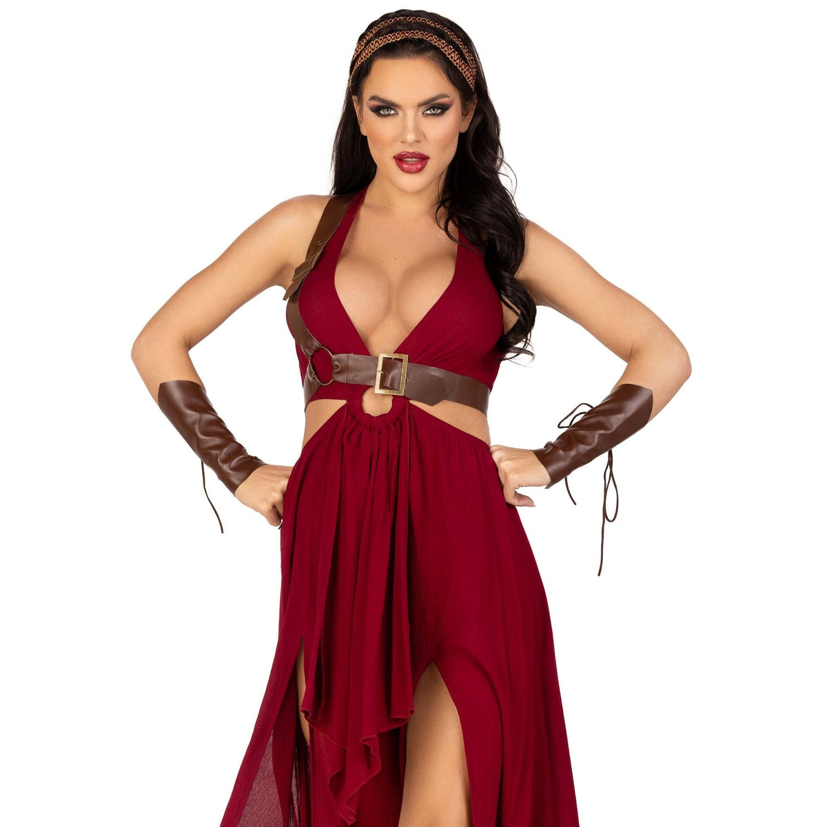 Close front view of burgundy warrior goddess costume with O-ring cut-out dress - Golddiggers Boutique