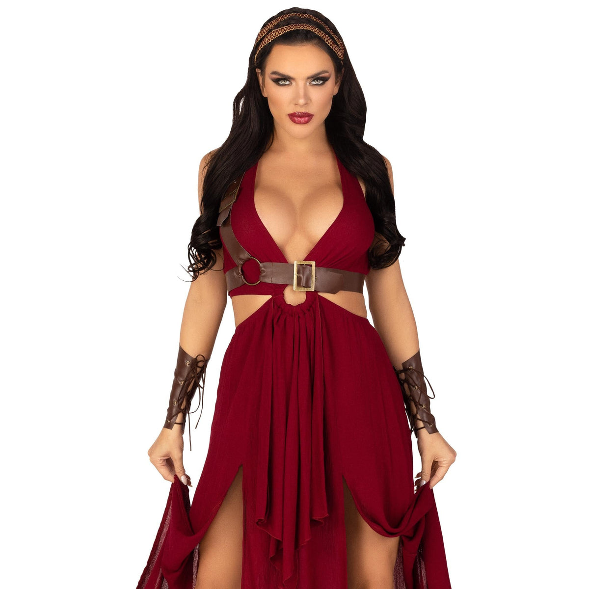 Close front pose of burgundy warrior goddess costume with O-ring cut-out dress - Golddiggers Boutique