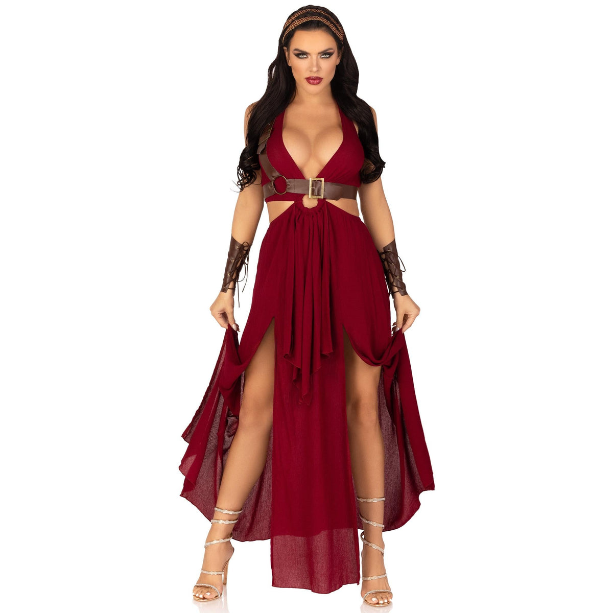 Front pose of burgundy warrior goddess costume with O-ring cut-out dress - Golddiggers Boutique