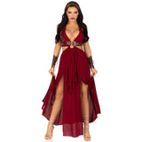 Front pose of burgundy warrior goddess costume with O-ring cut-out dress - Golddiggers Boutique