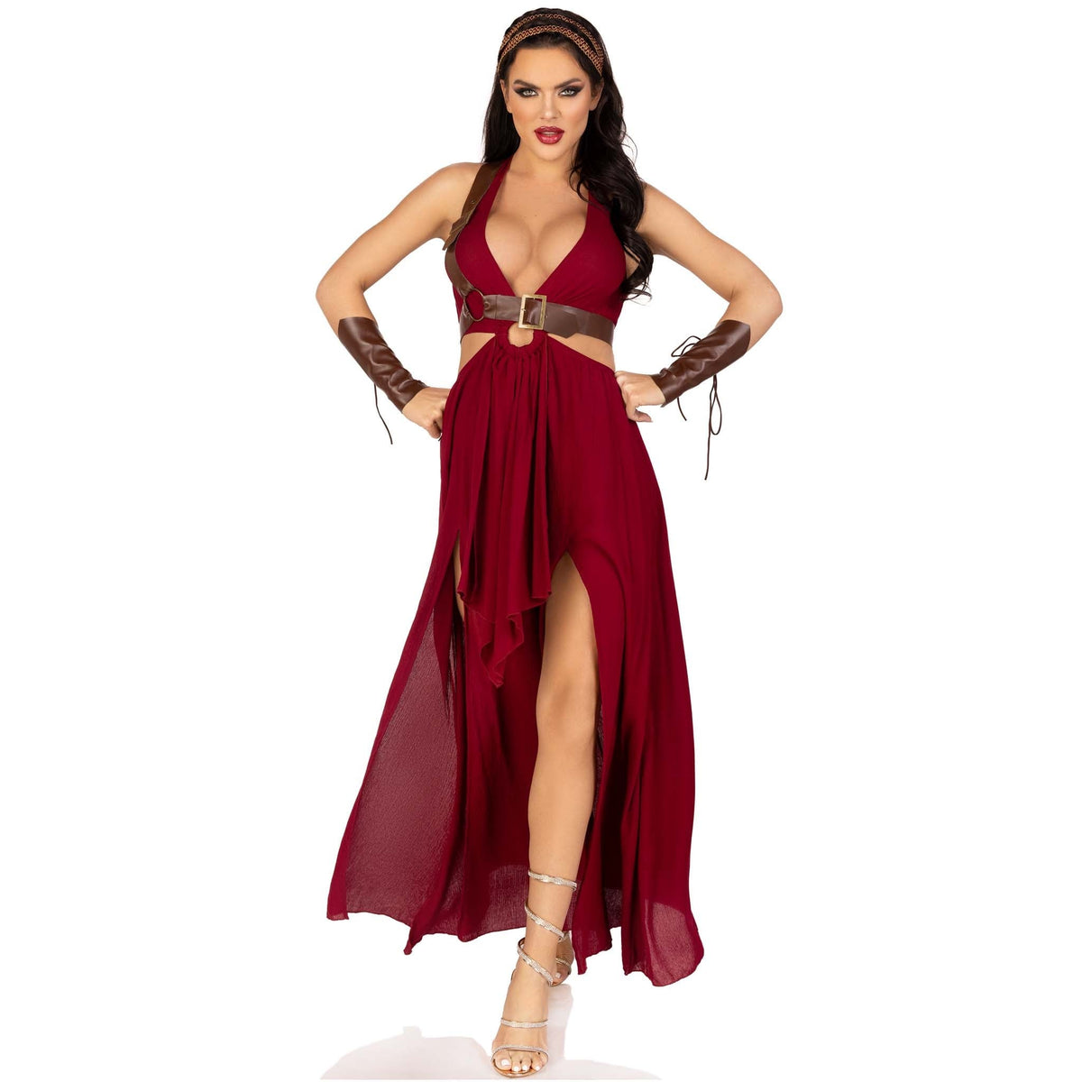 Front view of burgundy warrior goddess costume with O-ring cut-out dress - Golddiggers Boutique