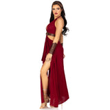 Side view of burgundy warrior goddess costume with O-ring cut-out dress - Golddiggers Boutique