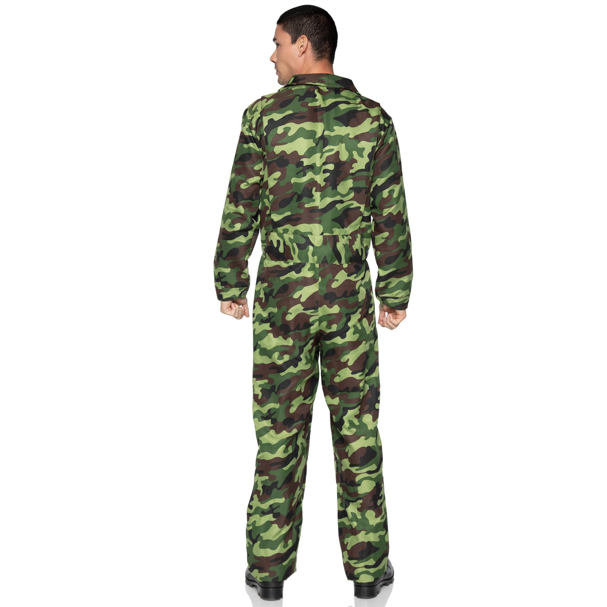 Back view of camo men's jumpsuit costume - Golddiggers Boutique