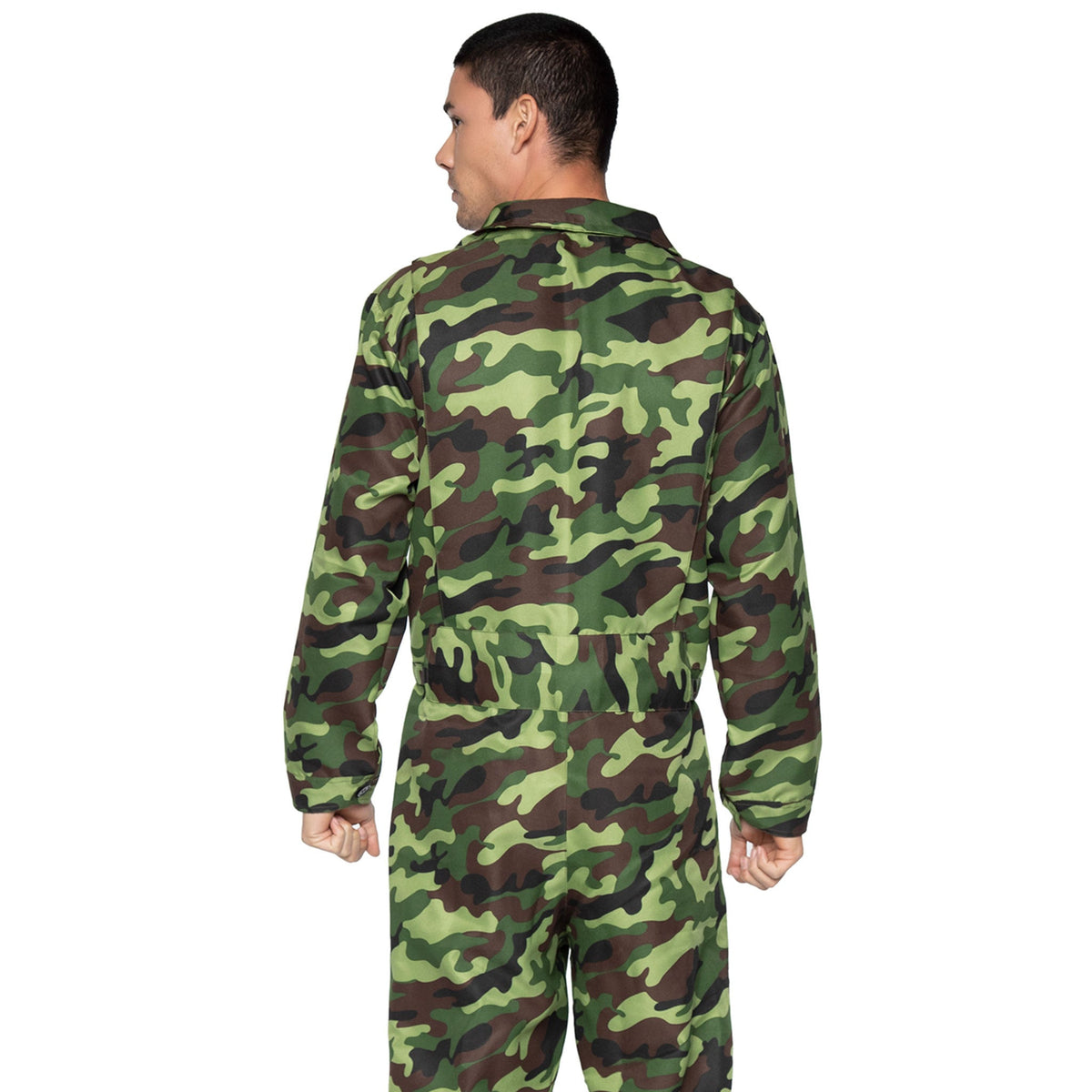 Close-up back view of camo men's jumpsuit costume - Golddiggers Boutique