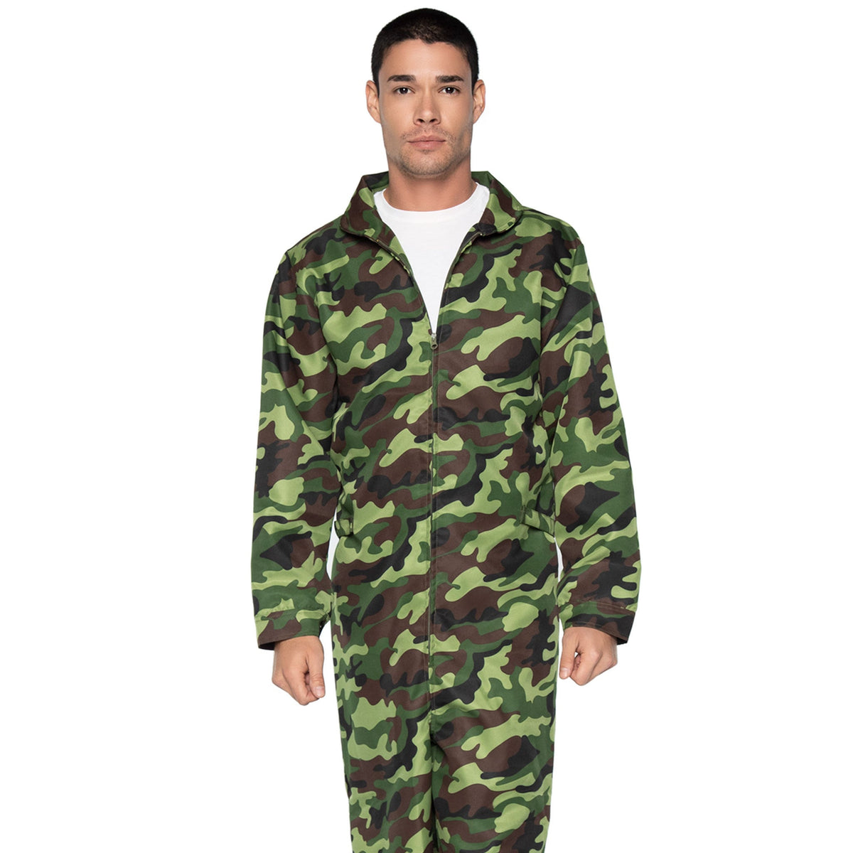 Close-up front view of camo men's jumpsuit costume - Golddiggers Boutique