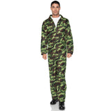 Front view of camo men's jumpsuit costume - Golddiggers Boutique