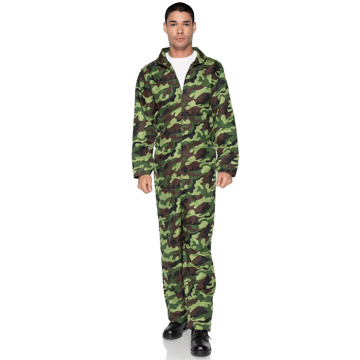 Front view of camo men's jumpsuit costume - Golddiggers Boutique