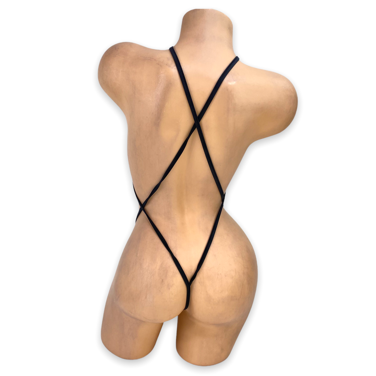 Back of the Camo Zoe rhinestone slingshot bodysuit showing the X criss-cross straps and thong back