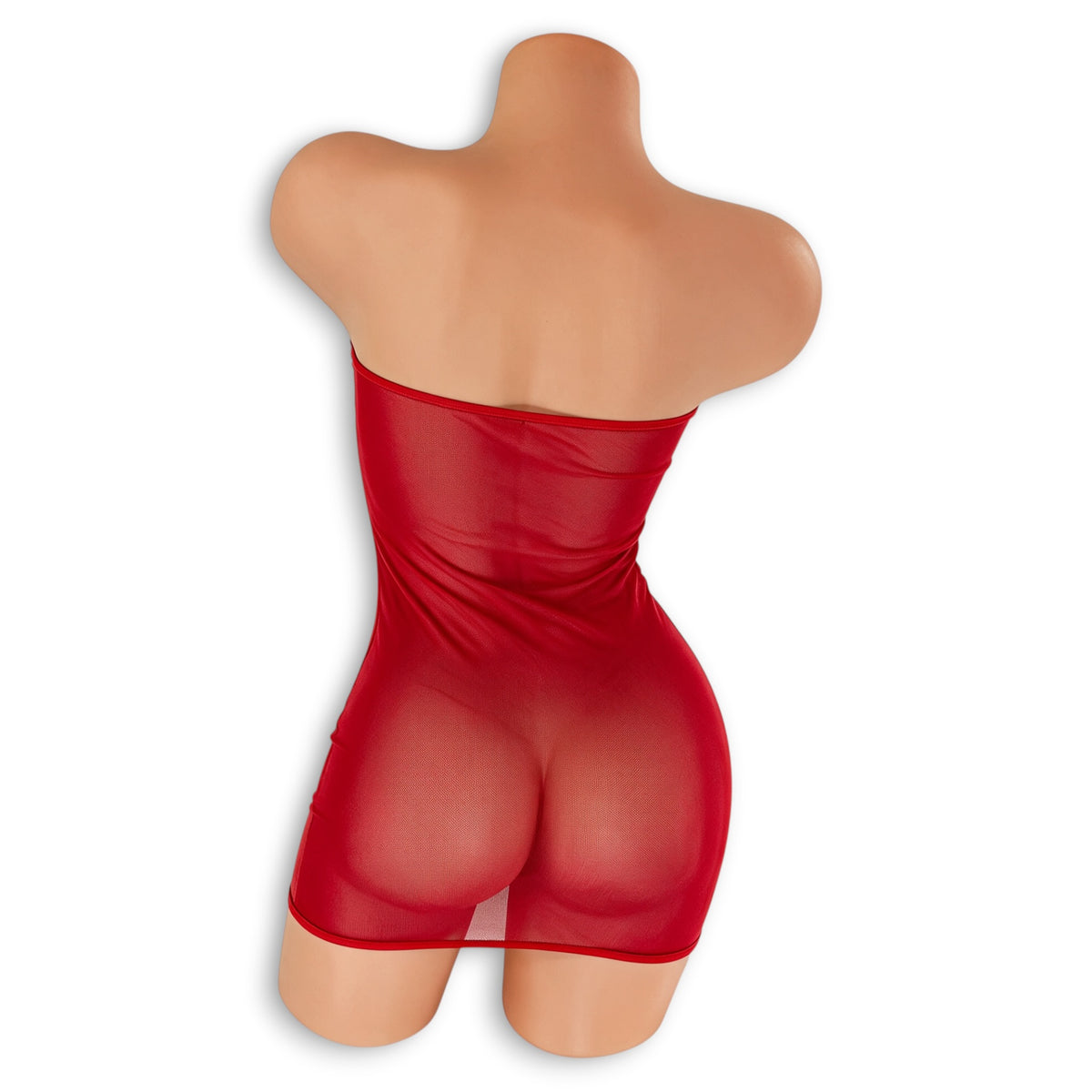 Candy Apple Red Bambi sheer crystal mesh tube dress on a mannequin, back view