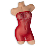 Candy Apple Red Bambi sheer crystal mesh tube dress with rhinestone starburst on a mannequin, front view