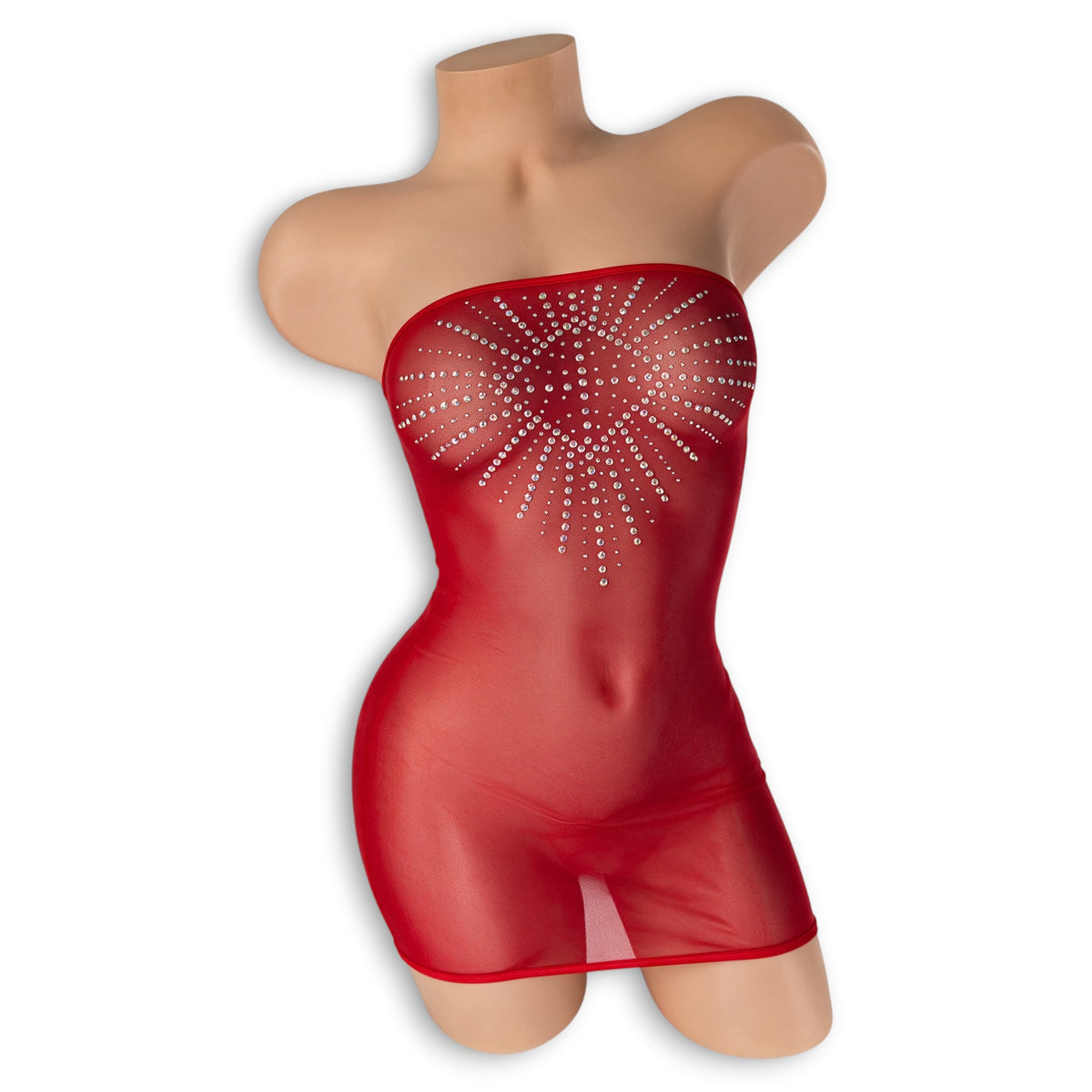 Candy Apple Red Bambi sheer crystal mesh tube dress with rhinestone starburst on a mannequin, front view