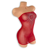 Candy Apple Red Bambi crystal mesh tube dress on a mannequin, three-quarter side view by Golddiggers Boutique