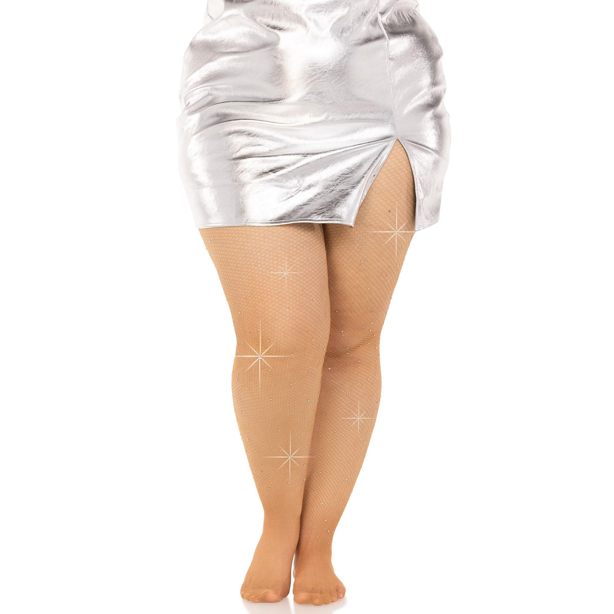 Front view of caramel plus size iridescent rhinestone fishnet tights - Golddiggers Boutique