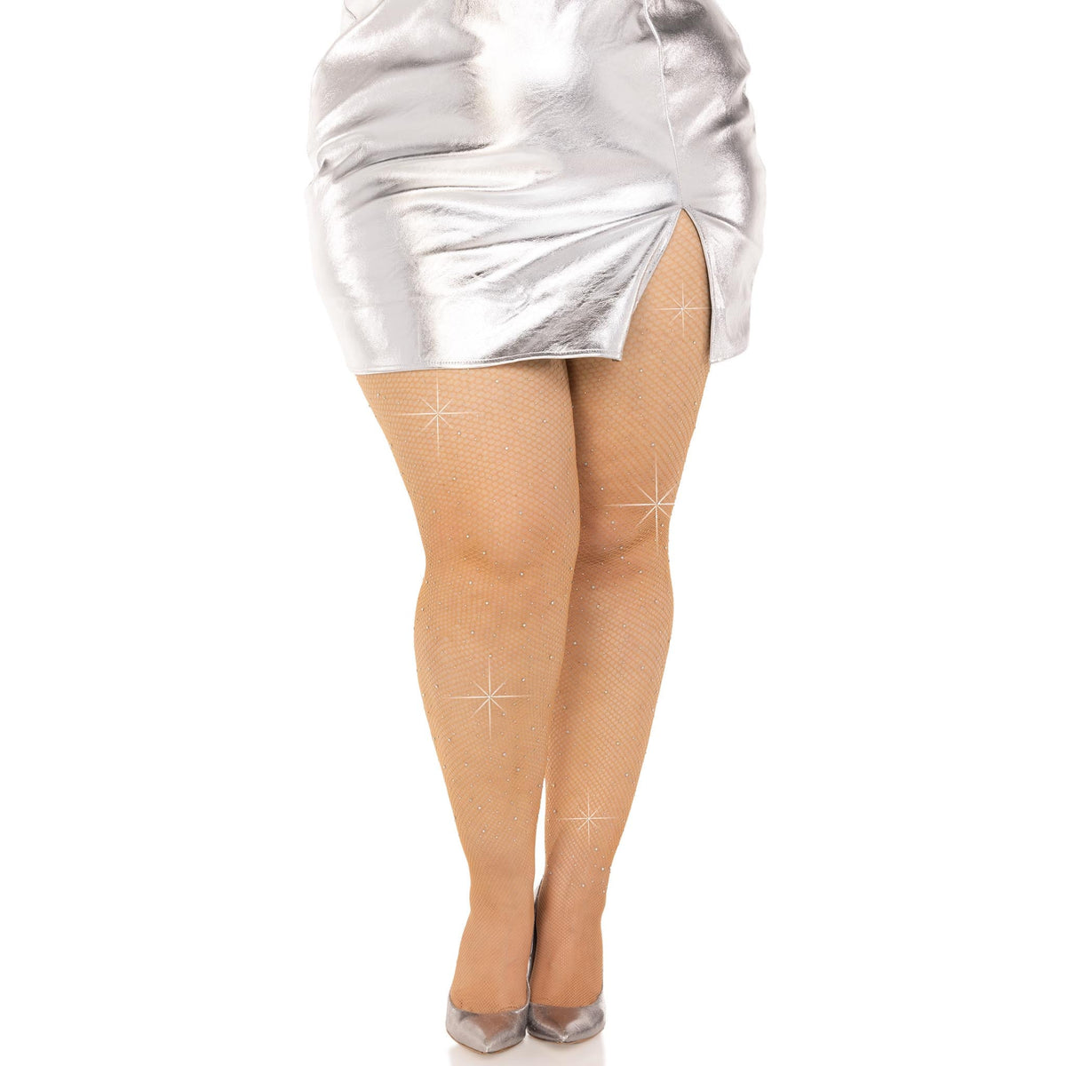 Front view of caramel plus size iridescent rhinestone fishnet tights - Golddiggers Boutique